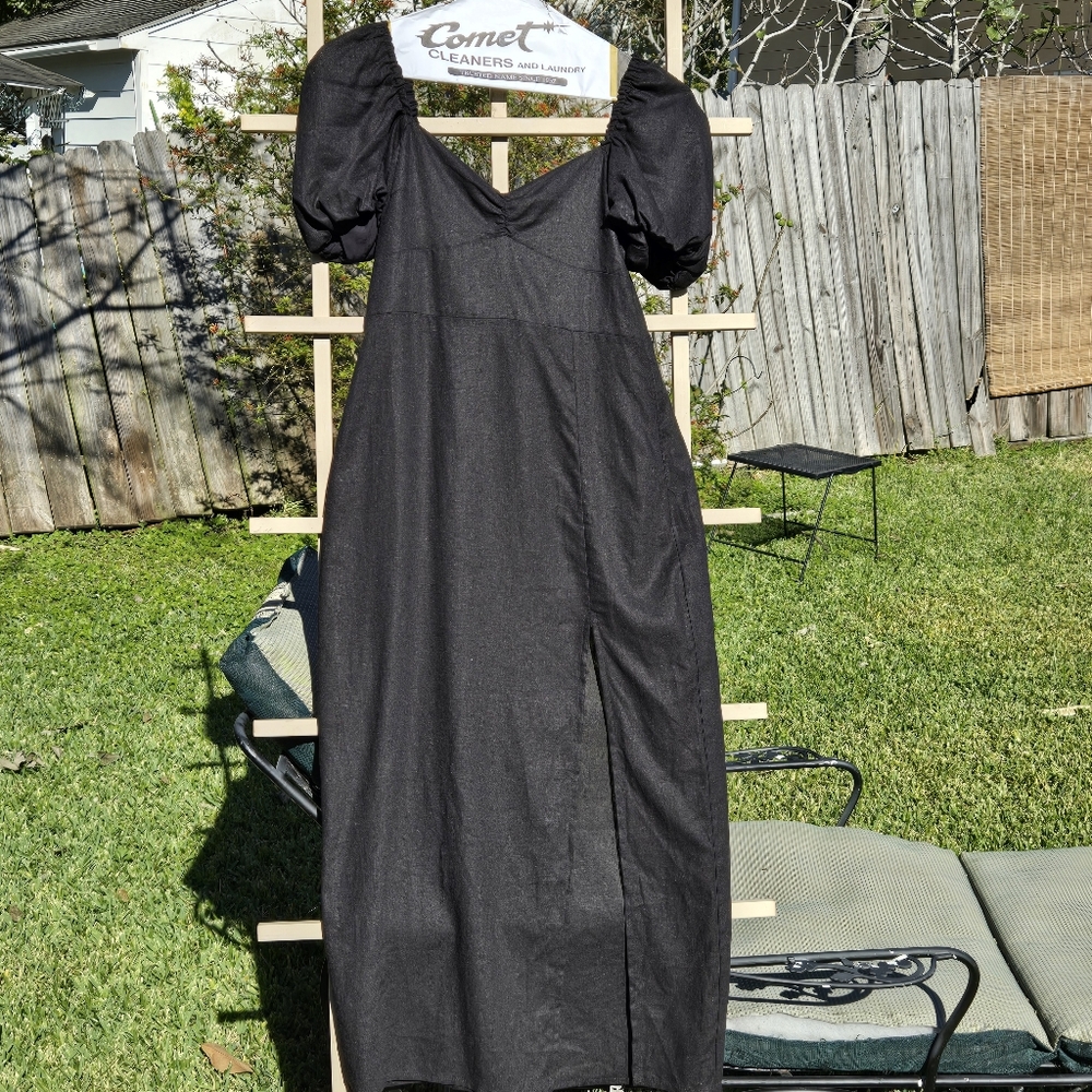 Zara NWT black Linen midi dress Puff Sleeves Open Back L - Picture 3 of 12